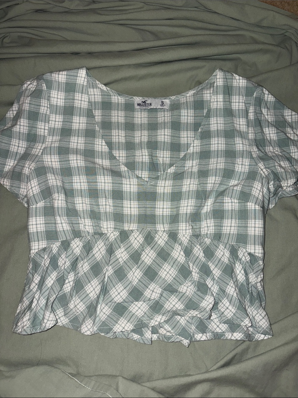 Hollister Sage Green and White Plaid Peplum V-Neck Crop Top